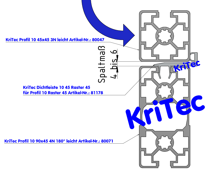 KriTec Profil 10 90x45 4N 180° leicht (4 Nuten geschlossen, 2 Nuten offen)
