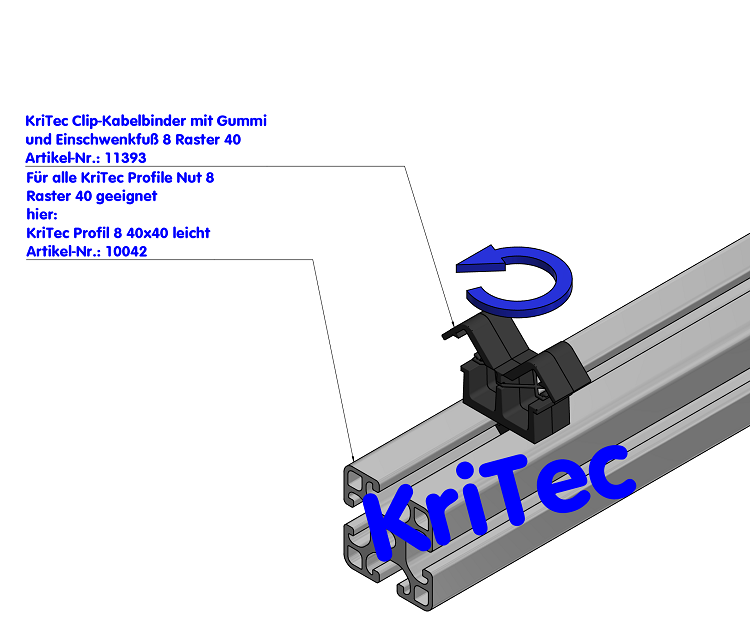 KriTec Clip-Kabelbinder mit Gummi und Einschwenkfuß 8 Raster 40