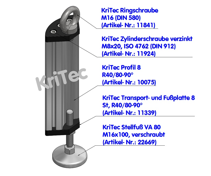 KriTec Stellfuß VA 80 M16x100 verschraubt, rostfrei