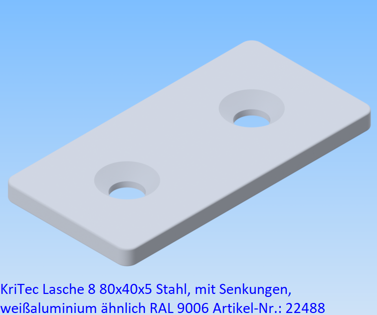 KriTec Lasche 8 80x40x5 Stahl, mit Senkungen, weißaluminium ähnlich RAL 9006