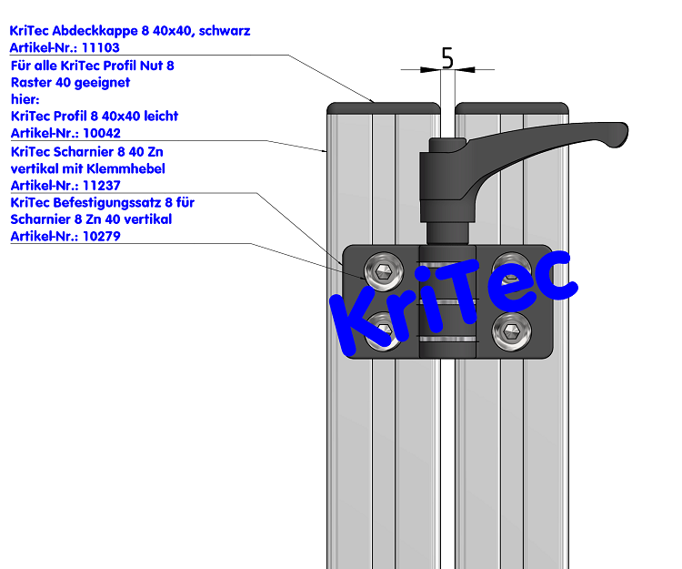 KriTec Scharnier 8 40 Zn vertikal mit Klemmhebel