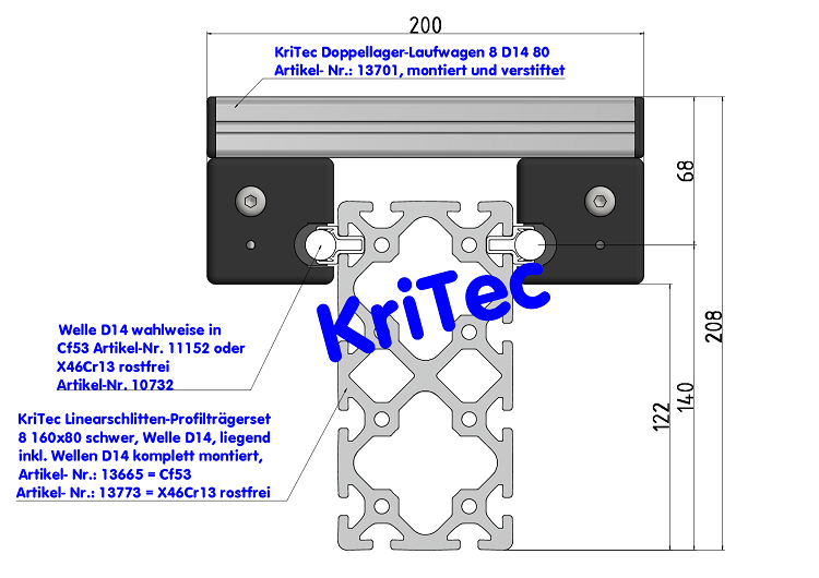 KriTec Linearschlitten-Profilträgerset 8 160x80 schwer, Welle D14, hochkant