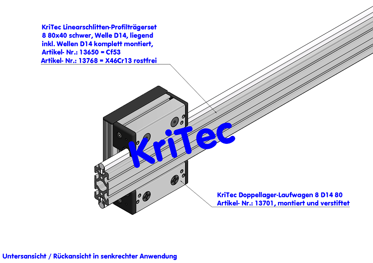 KriTec Linearschlitten-Profilträgerset 8 80x40 schwer, Welle D14, liegend