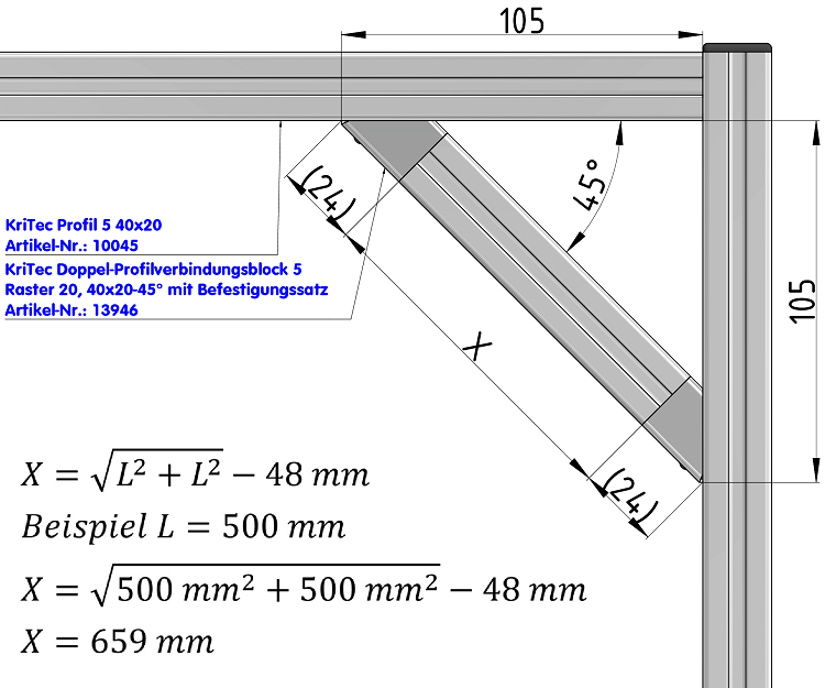 KriTec Doppel-Profilverbindungsblock 5 Raster 20, 40x20-45°
