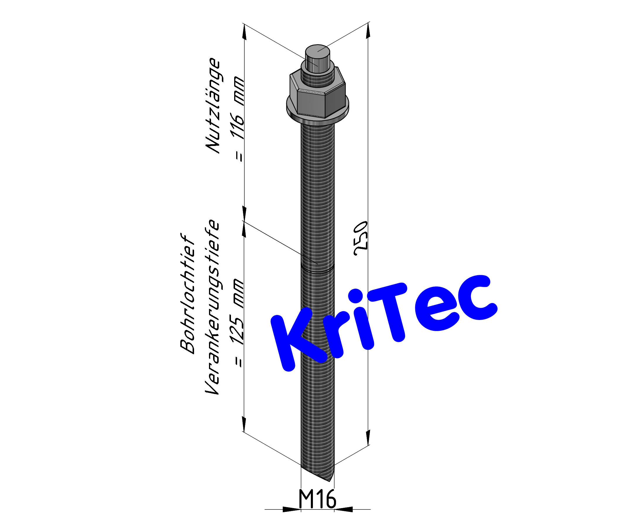 KriTec Ankerstange M16x250 verzinkt inkl. Patronensystem für Beton