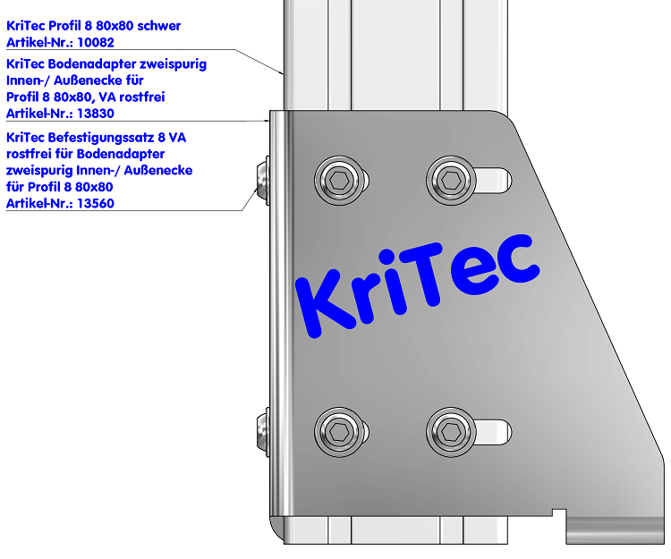 KriTec Bodenadapter zweispurig Innen-/ Außenecke für Profil 8 80x80, VA rostfrei