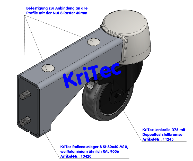 KriTec Rollenausleger 8 St 80x40 M10, weißaluminium ähnlich RAL 9006