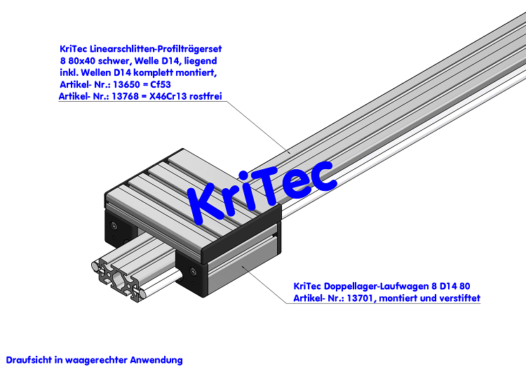 KriTec Linearschlitten-Profilträgerset 8 80x40 schwer, Welle D14, liegend