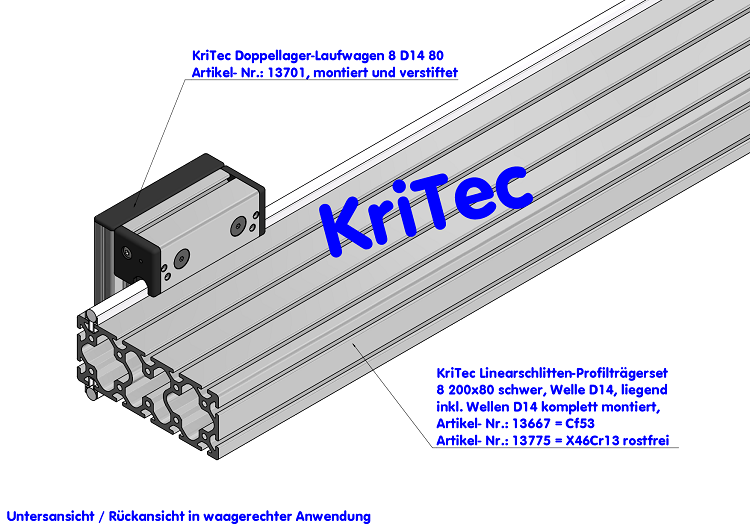KriTec Linearschlitten-Profilträgerset 8 200x80, Welle D14, hochkant