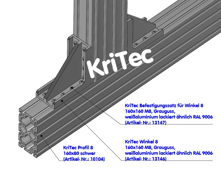 KriTec Winkel 8 160x160 M8, Grauguss, weißaluminium ähnlich RAL 9006