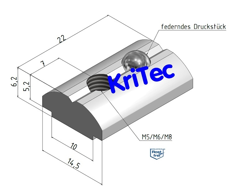 KriTec Nutenstein 10 VA mit Steg für alle Profile Nut 10 außer Profile 10 45x45 und 10 90x45 leicht