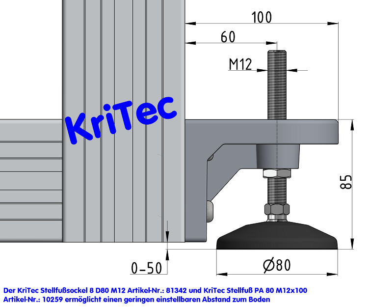 KriTec Stellfußsockel 10 Raster 40 D80, weißaluminium ähnlich RAL 9006