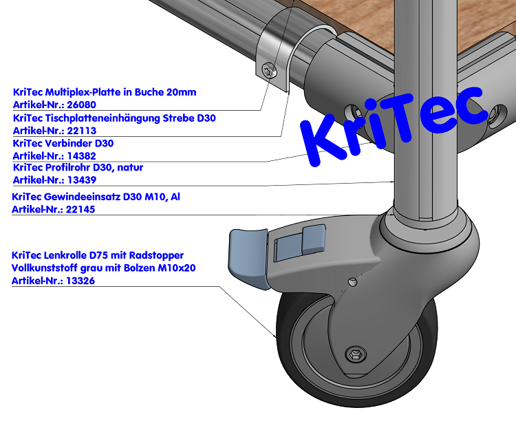 KriTec Lenkrolle D75 mit Radstopper, Vollkunststoff grau mit Bolzen M10x20