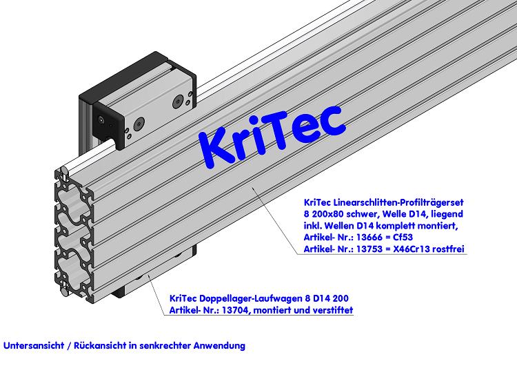 KriTec Linearschlitten-Profilträgerset 8 200x80, Welle D14, liegend