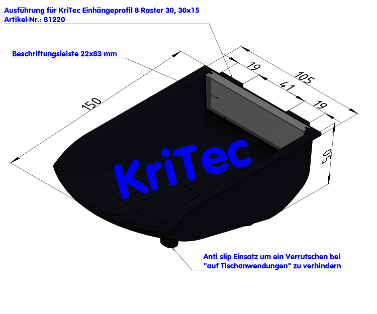 KriTec Greifschale Schiene 105x130x50 schwarz ähnl. RAL 9005