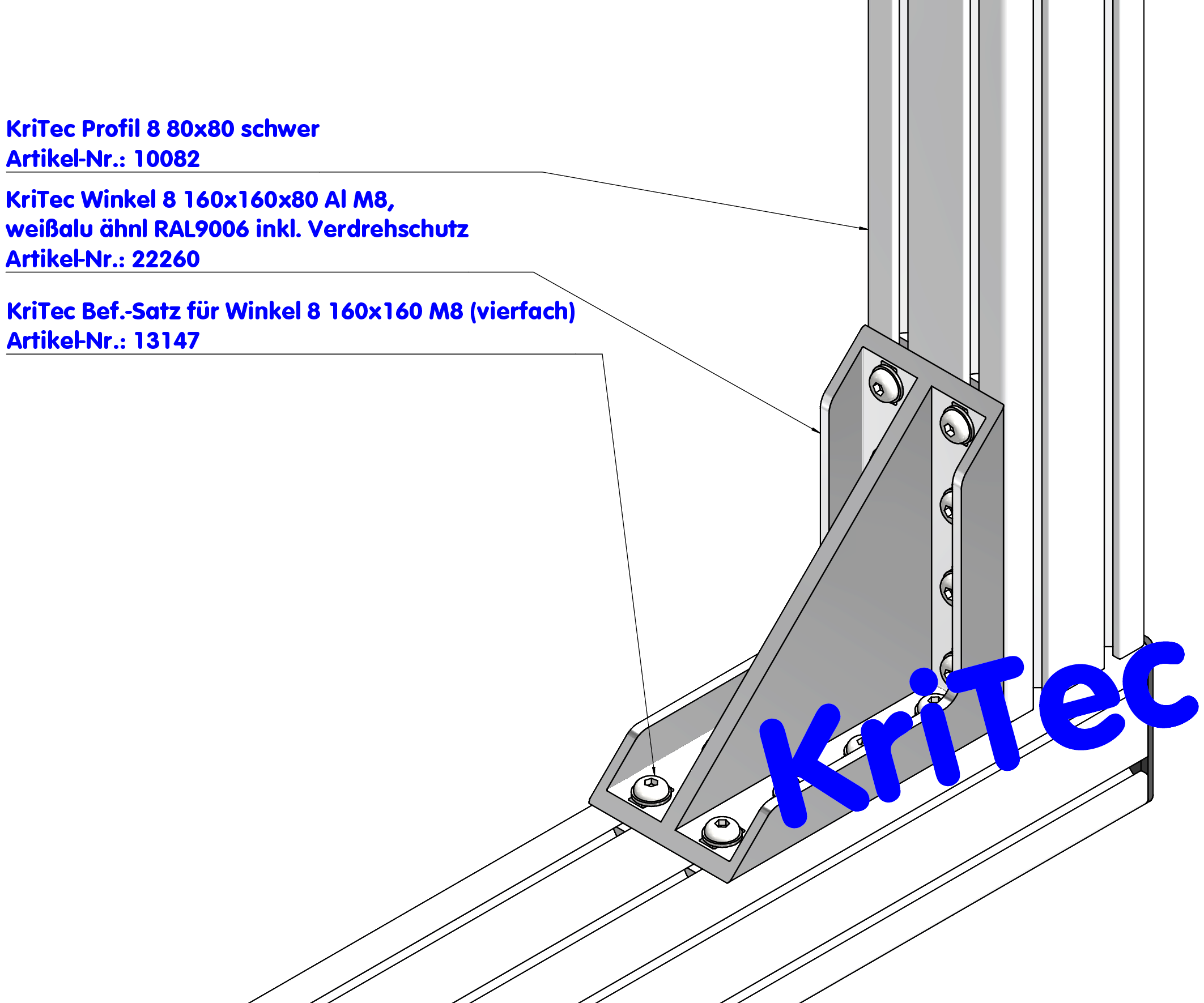 KriTec Winkel 8 160x160x80 Al M8, weißaluminium ähnlich RAL 9006 inkl. Verdrehschutz