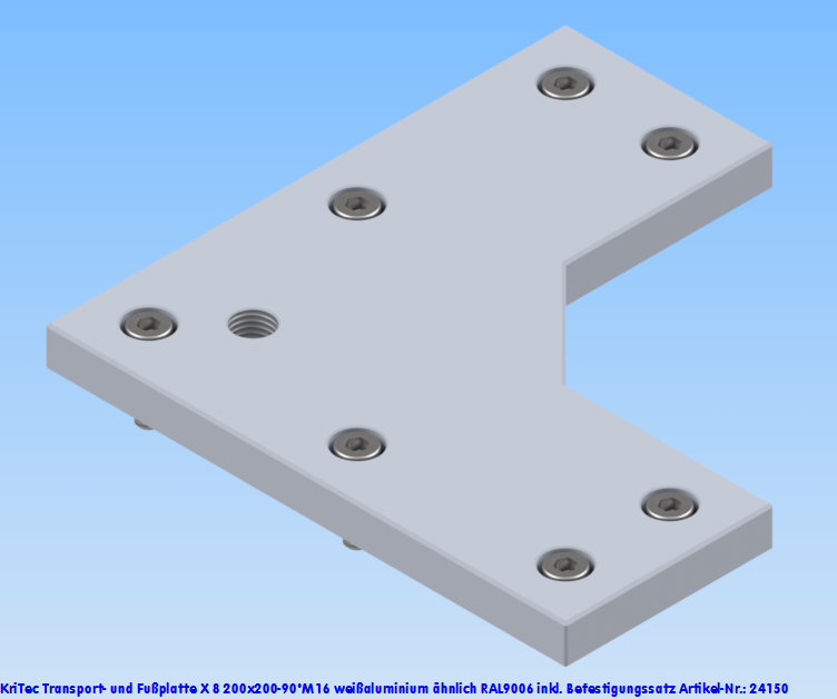 KriTec Transport- und Fußplatte X 8 200x200-90° M16, weißaluminium ähnlich RAL 9006