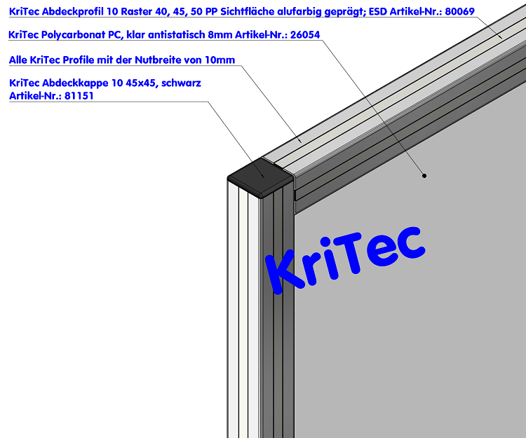 KriTec Abdeckprofil 10 Raster 40, 45, 50 PP schwarz Sichtfläche alufarbig geprägt, ESD