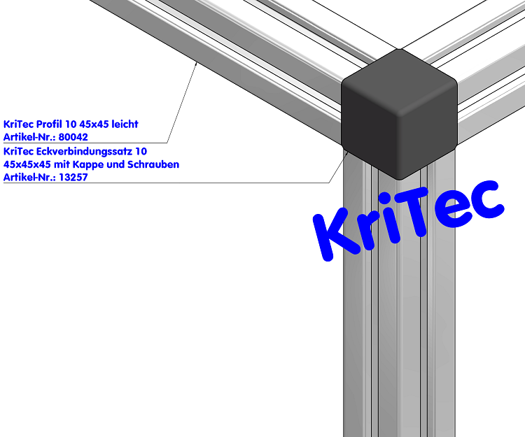 KriTec Eckverbindungssatz 10 45x45x45 mit schwarzer Kappe und Schrauben