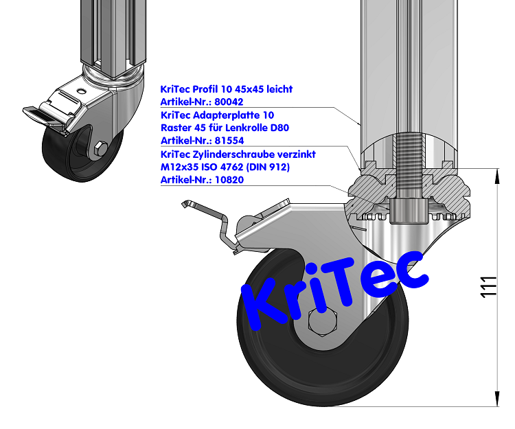 KriTec Adapterplatte 10 Raster 45 für Lenkrolle D80