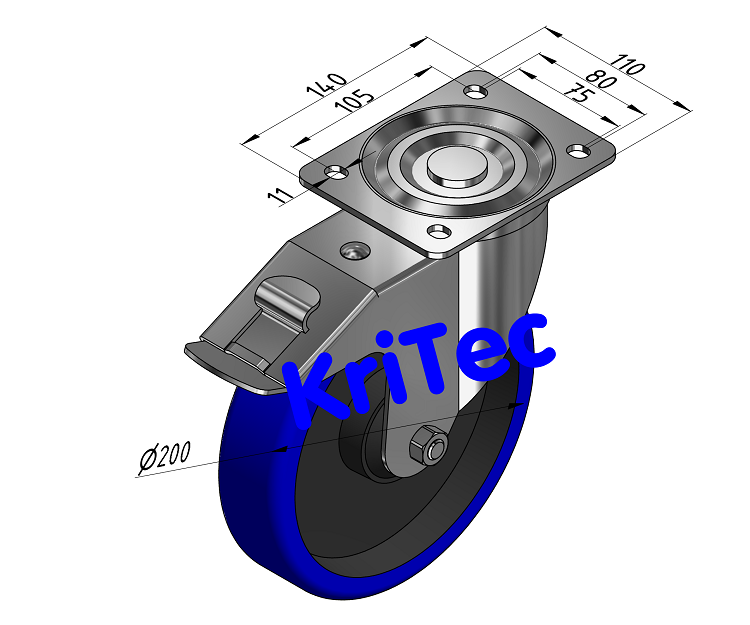 KriTec Lenkrolle D200 blau mit Doppelfeststellbremse