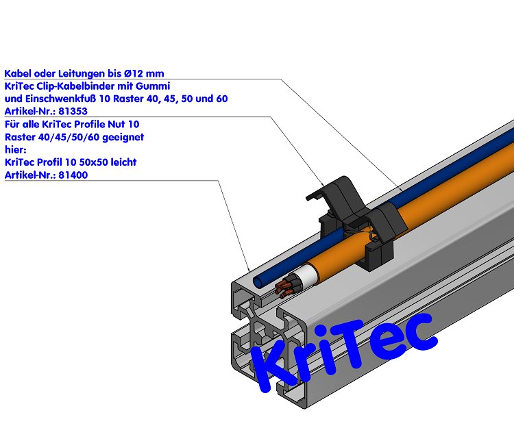 KriTec Clip-Kabelbinder mit Gummi und Einschwenkfuß 10 Raster 40, 45, 50 und 60