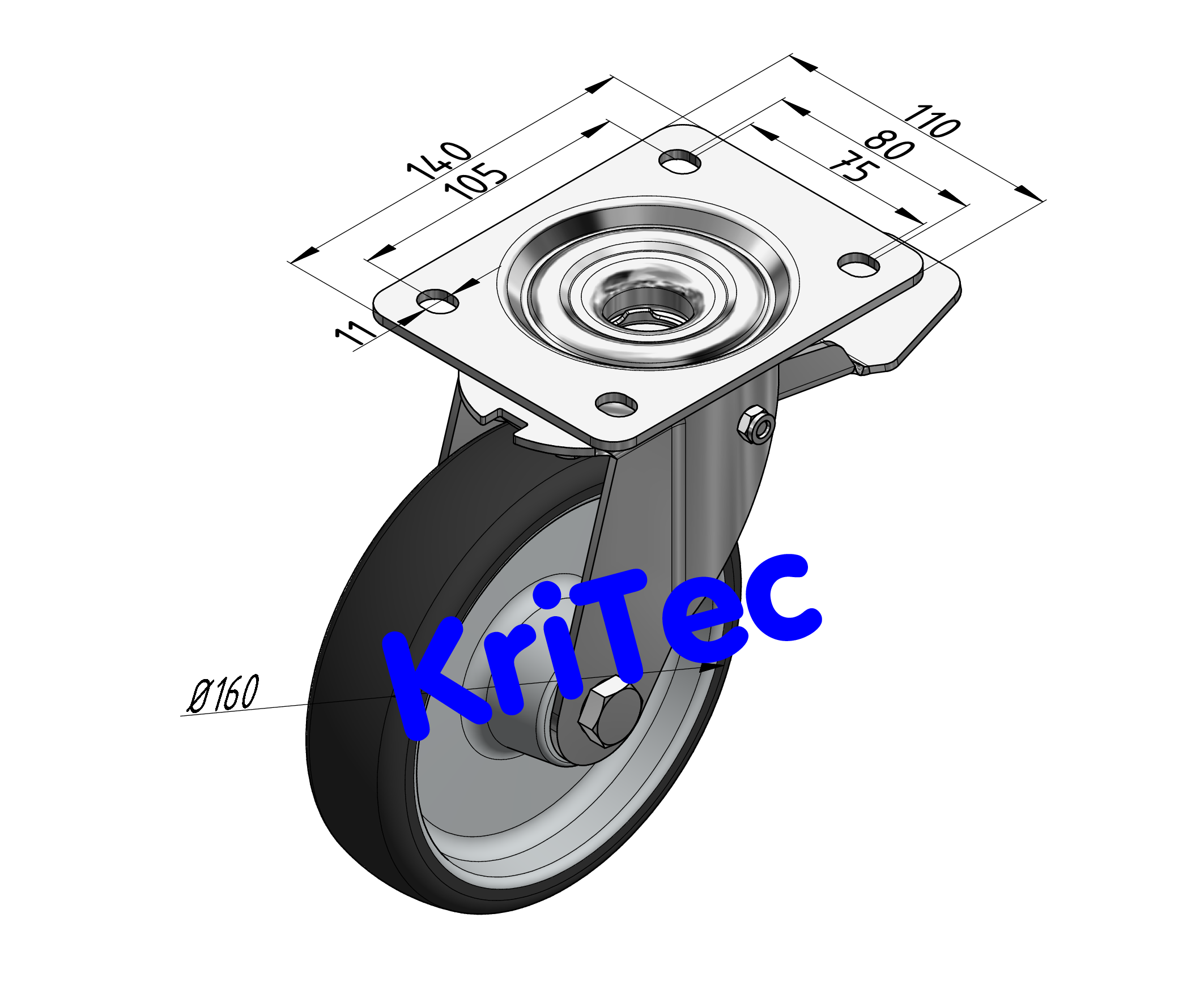 KriTec Schwerlast-Lenkrolle D160 mit Feststeller auf der Vorlaufseite