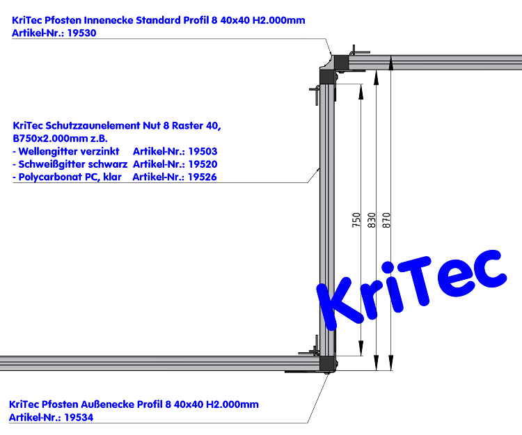 KriTec Pfosten Außenecke Profil 8 40x40 H2.000mm