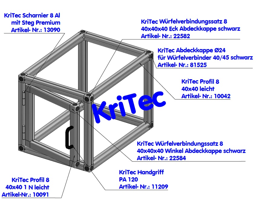 KriTec Würfelverbindungssatz 8 40x40x40 Eck 3D inkl. 3 Abdeckkappen schwarz