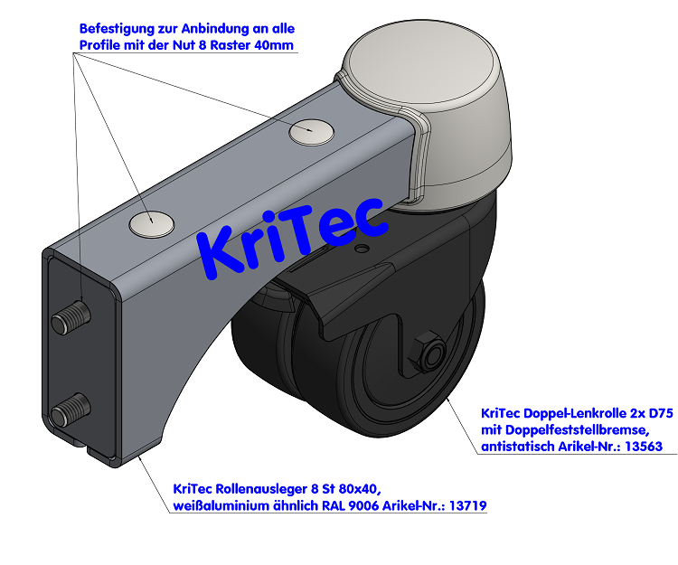 KriTec Doppel-Lenkrolle 2x D75 mit Doppelfeststellbremse, antistatisch