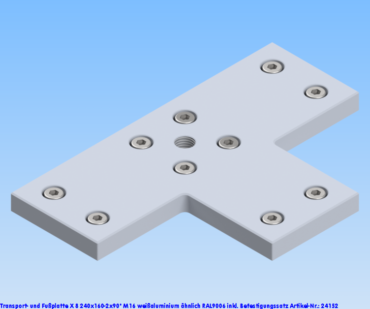 KriTec Transport- und Fußplatte X 8 240x160-2x90° M16 weißaluminium ähnlich RAL 9006