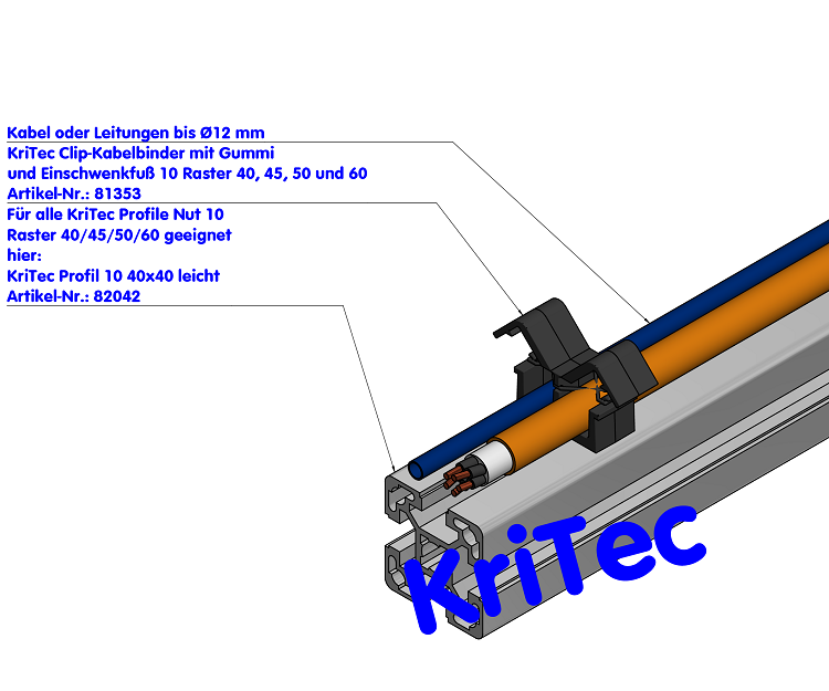 KriTec Clip-Kabelbinder mit Gummi und Einschwenkfuß 10 Raster 40, 45, 50 und 60