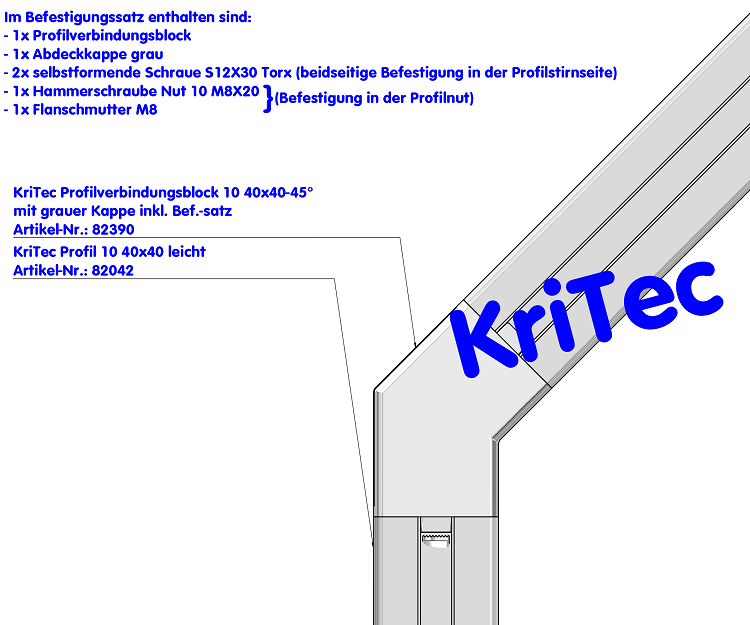 KriTec Profilverbindungsblock 10 40x40-45° mit grauer Kappe
