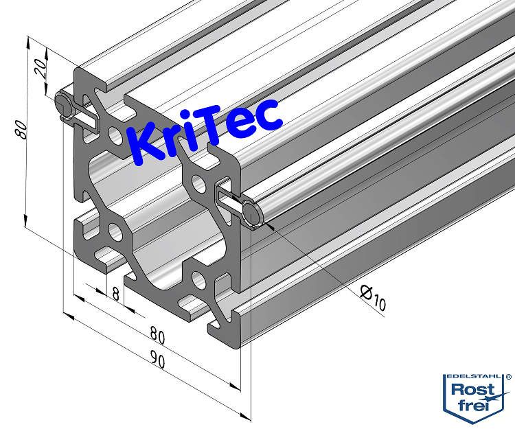 KriTec Linearschlitten-Profilträgerset 8 80x80 schwer, Welle D10 rostfrei