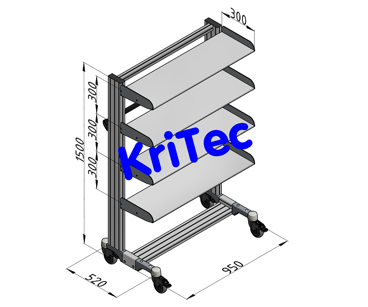 KriTec VarioMobil Typ G mit 4 Ablageebenen aus Tastaturablageprofil 8 mit Bordkante rechts/links