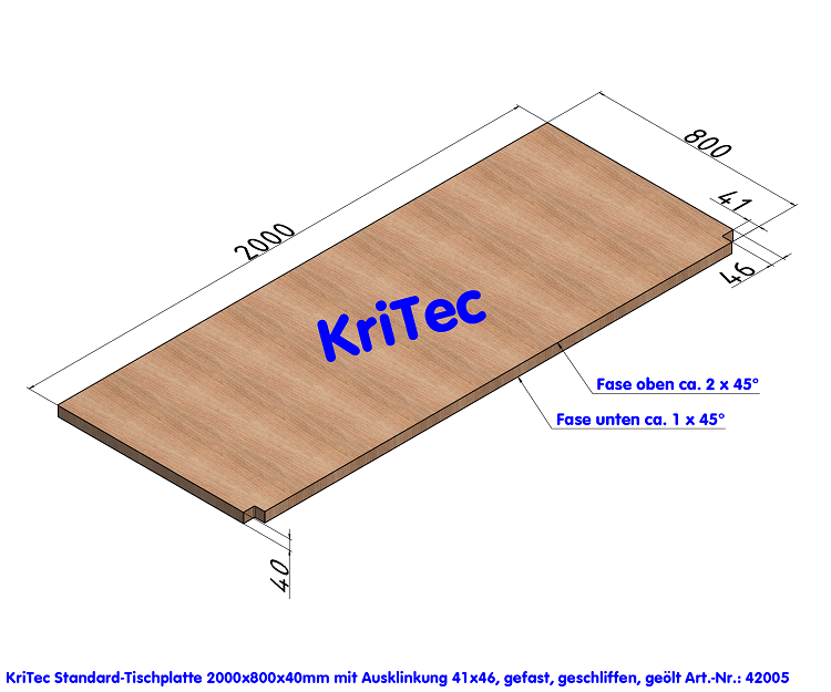 KriTec Standard-Tischplatte 2.000x800x40mm mit Ausklinkungen 41x46mm