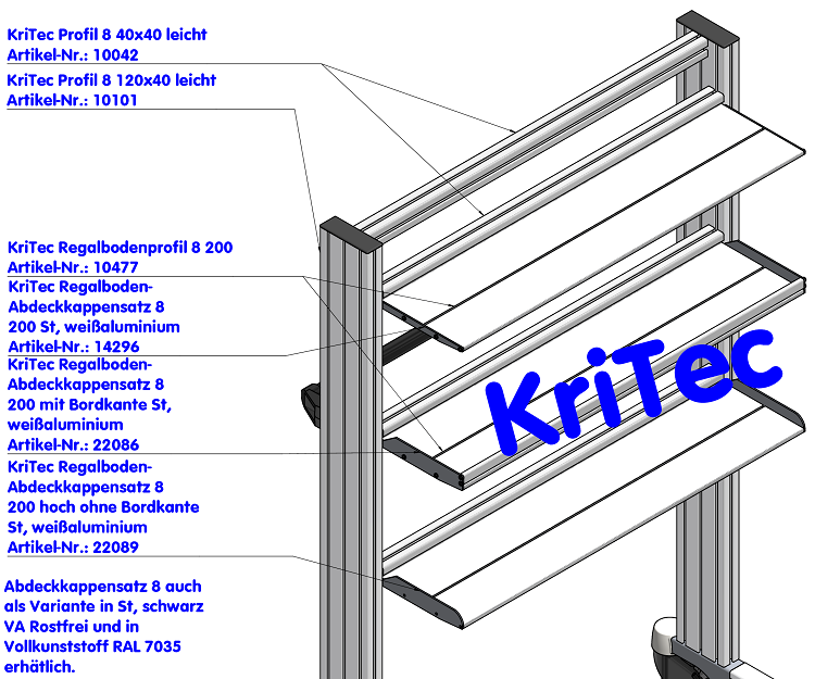 KriTec Regalboden-Abdeckkappensatz 8 200 hoch ohne Bordkante St, weißaluminium