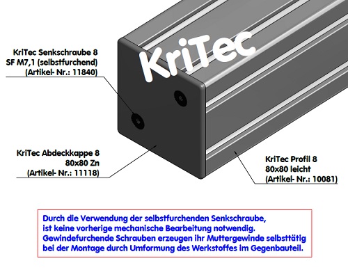 KriTec Abdeckkappen 8 80x80 Zn schwarz, verschraubt, inkl. Schrauben
