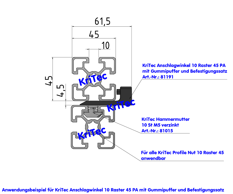KriTec Anschlagwinkel 10 Raster 45 PA mit Gummipuffer