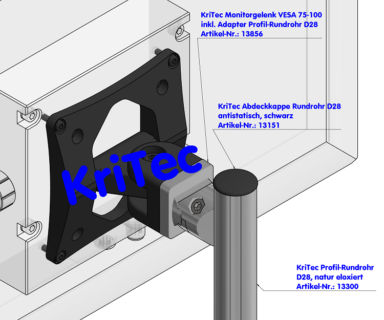 KriTec Monitorgelenk VESA 75-100 inkl. Adapter Profil-Rundrohr D28