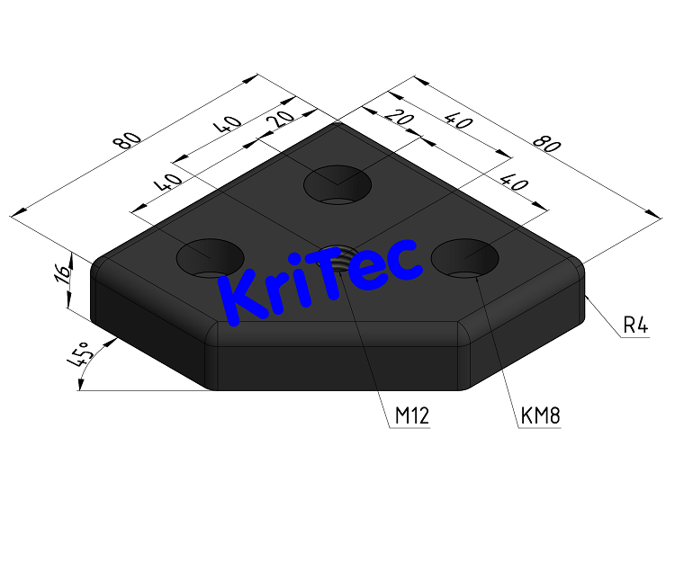 KriTec Transport- und Fußplatte 8 80x80-45°, M12, schwarz