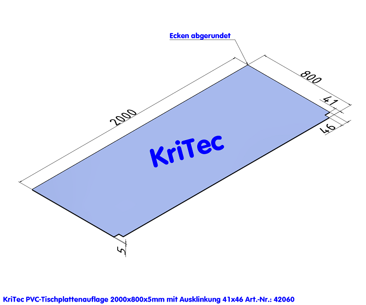 KriTec PVC-Tischplattenauflage 2.000x800x5mm transparent mit Ausklinkungen 41x46mm
