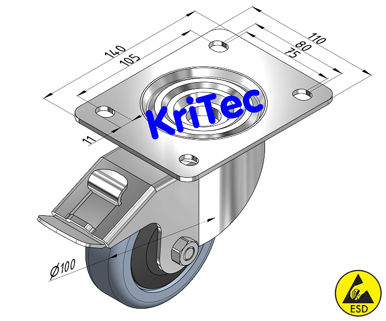KriTec Lenkrolle D100 Doppelfeststeller 140x110 ESD
