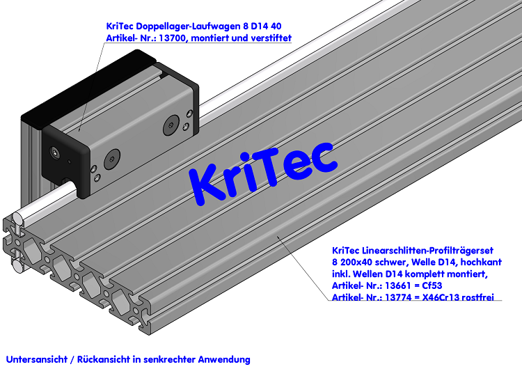 KriTec Linearschlitten-Profilträgerset 8 200x40 schwer, Welle D14, hochkant