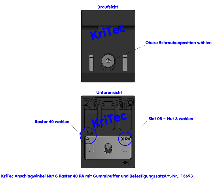 KriTec Anschlagwinkel 8 Raster 40 PA mit Gummipuffer