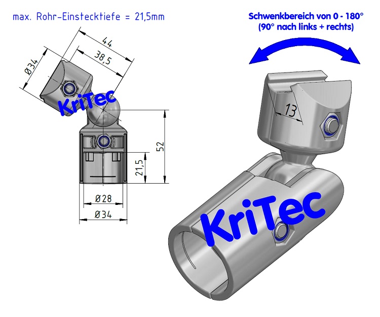 KriTec Kugelverbinder D28, 0-90°, Klemm-/ Steckverbindung