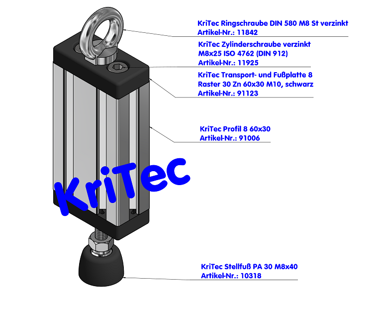 KriTec Transport- und Fußplatte 8 Raster 30 Zn 60x30 M10, schwarz