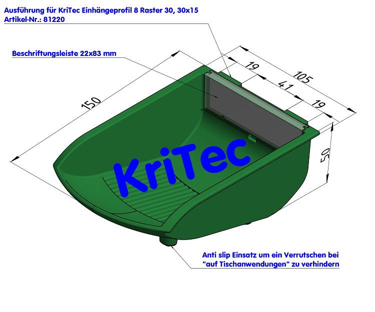 KriTec Greifschale Schiene 105x130x50 signalgrün ähnl. RAL 6032