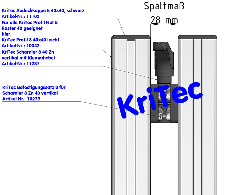 KriTec Scharnier 8 40 Zn vertikal mit Klemmhebel