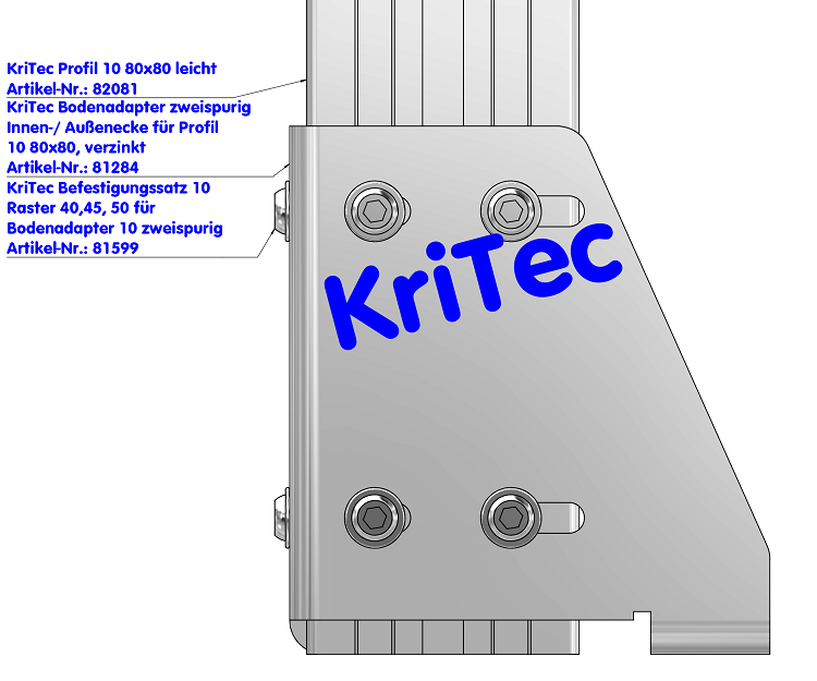 KriTec Bodenadapter zweispurig Innen-/ Außenecke für Profil 10 80x80, verzinkt